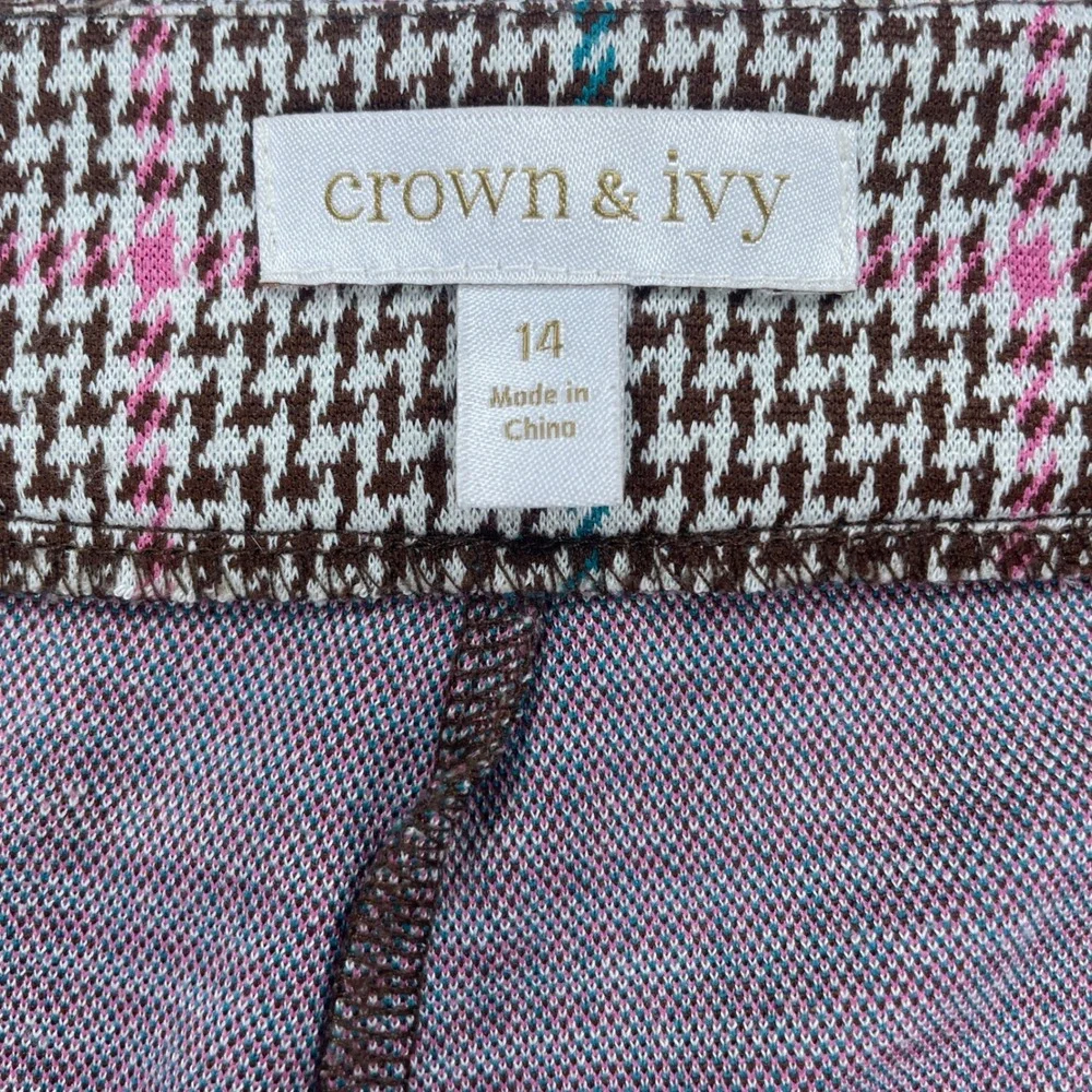 Crown & Ivy Womens Pink Teal Houndstooth Plaid Wide Leg Trousers Size 14